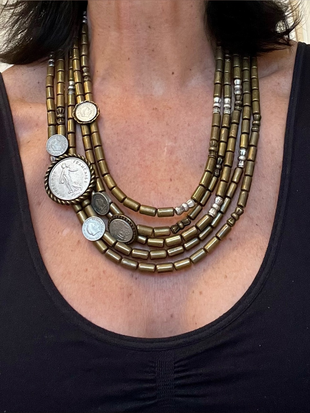 Multi-Strand Brass Bead Coin Statement Necklace